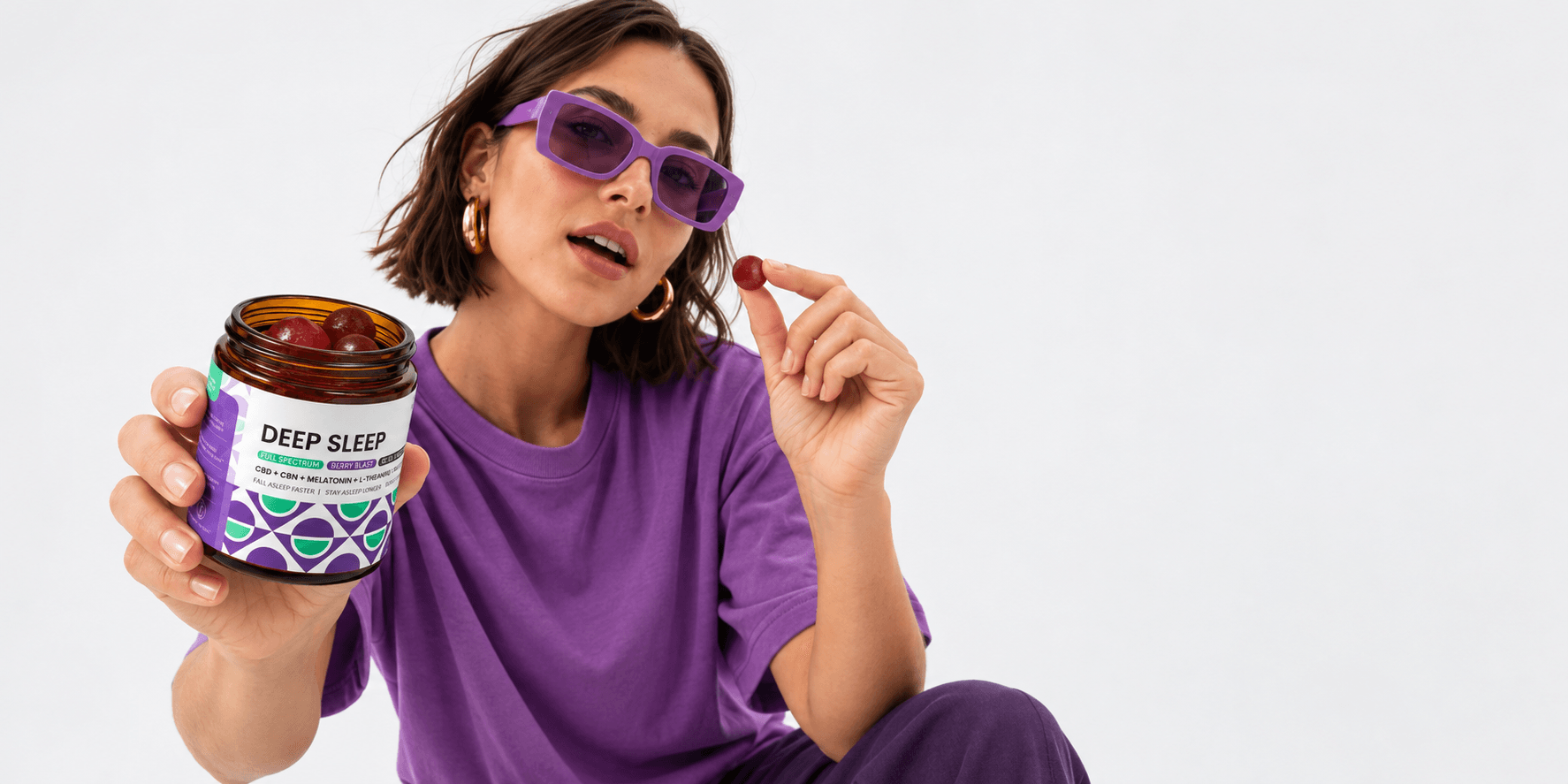 Colorado Botanicals Deep Sleep campaign with a model wearing purple
