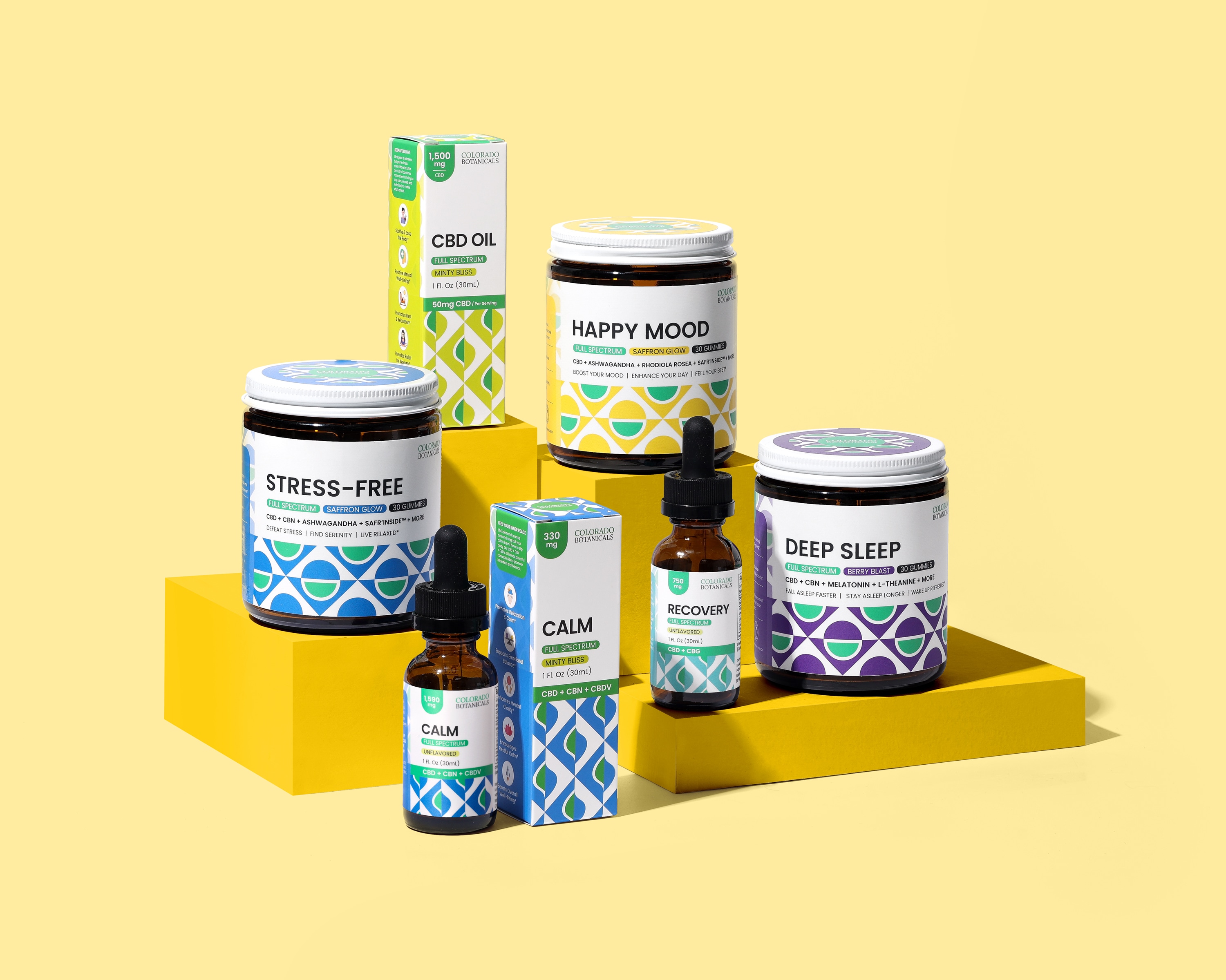 Colorado Botanicals full product collection on yellow display blocks