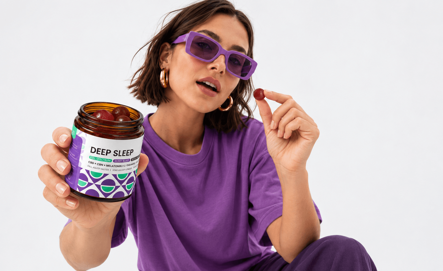 Colorado Botanicals Deep Sleep lifestyle campaign with a model wearing purple