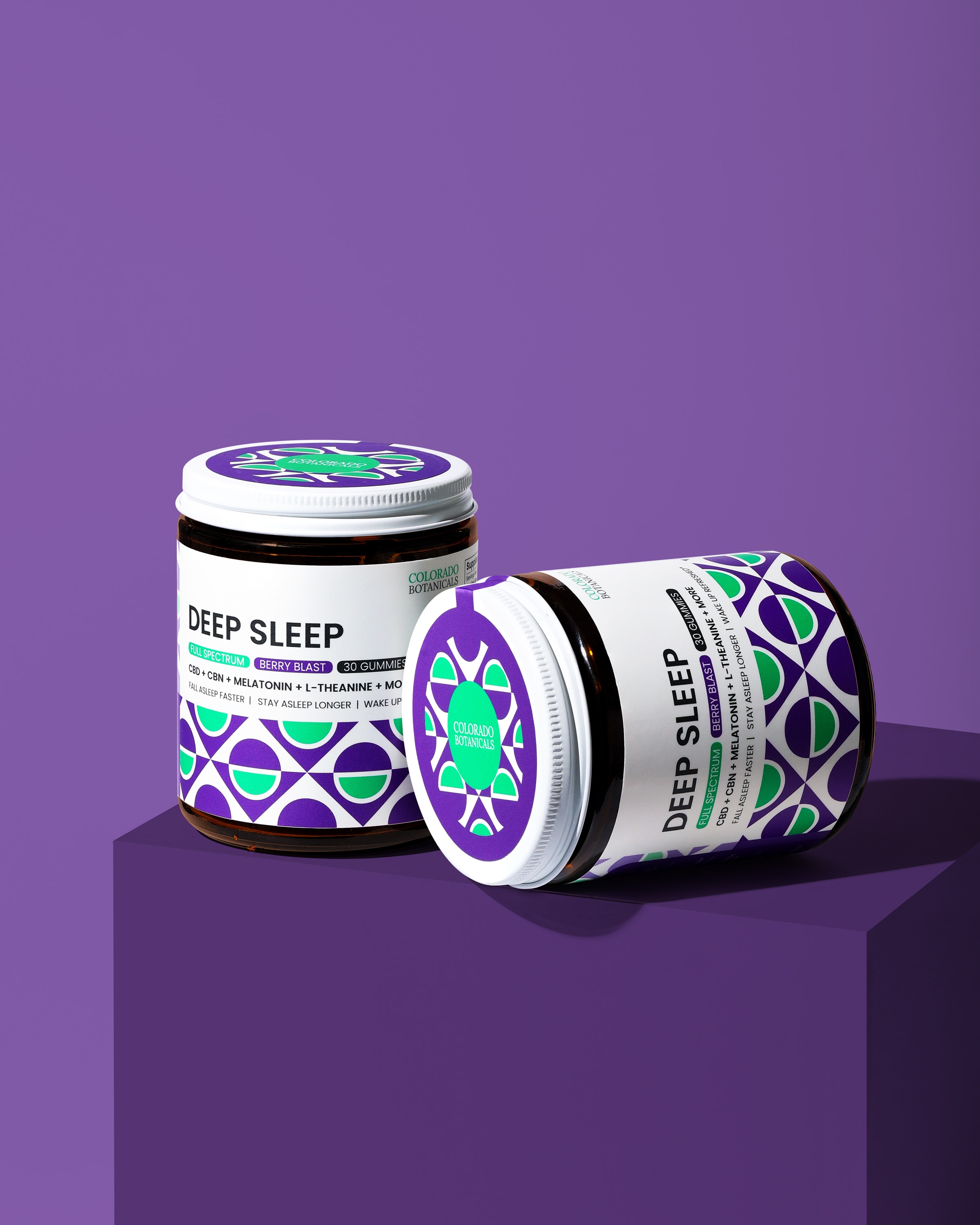 Deep Sleep jars with purple geometric packaging