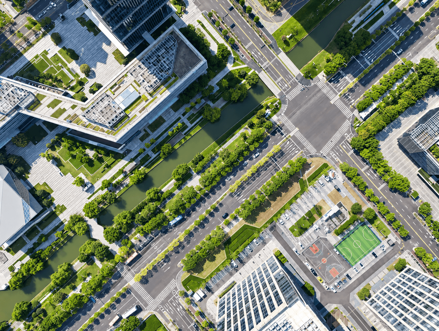 Aerial view of a tree-lined city intersection and surrounding buildings