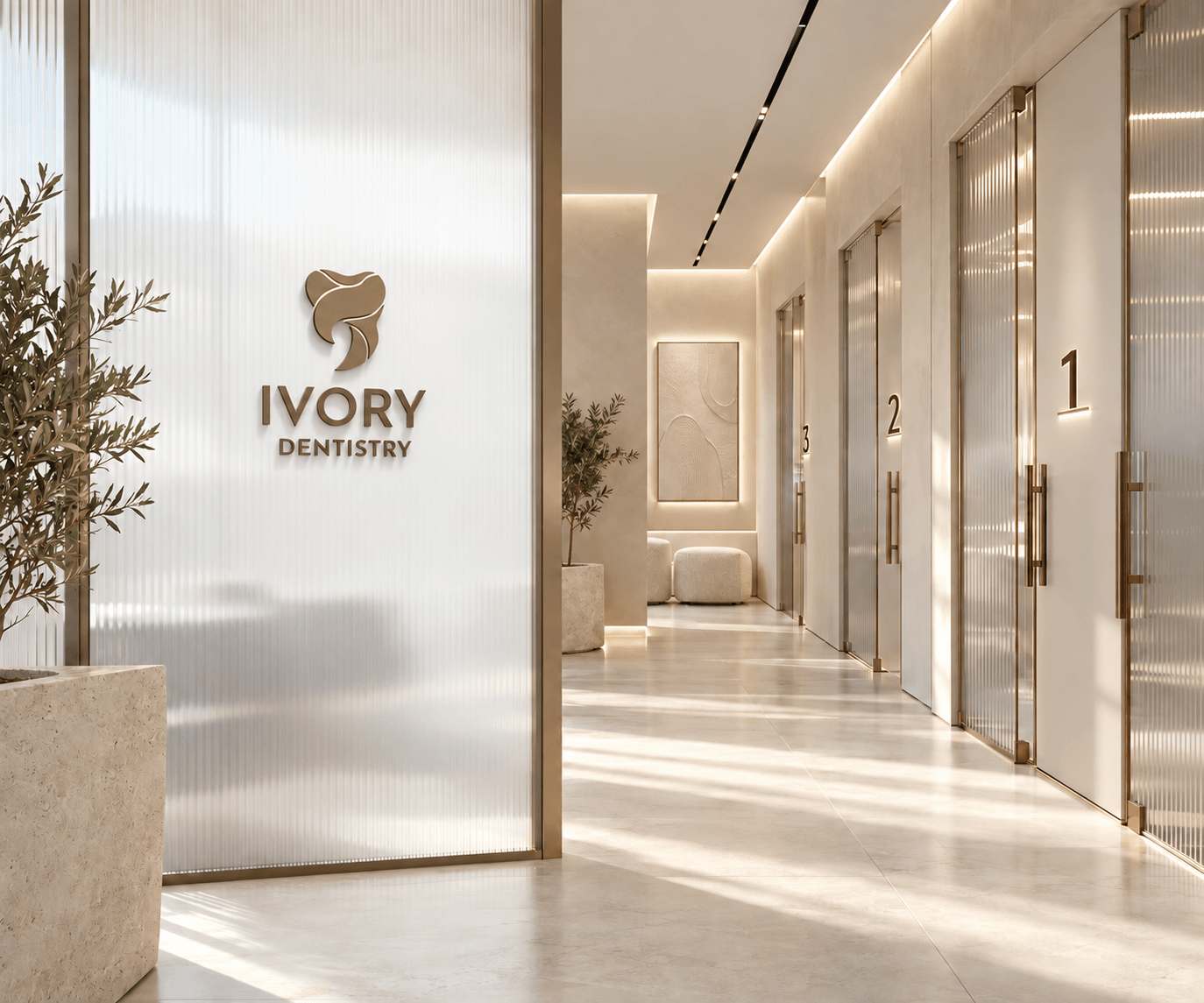 Ivory Dentistry hallway with branded glass and treatment rooms