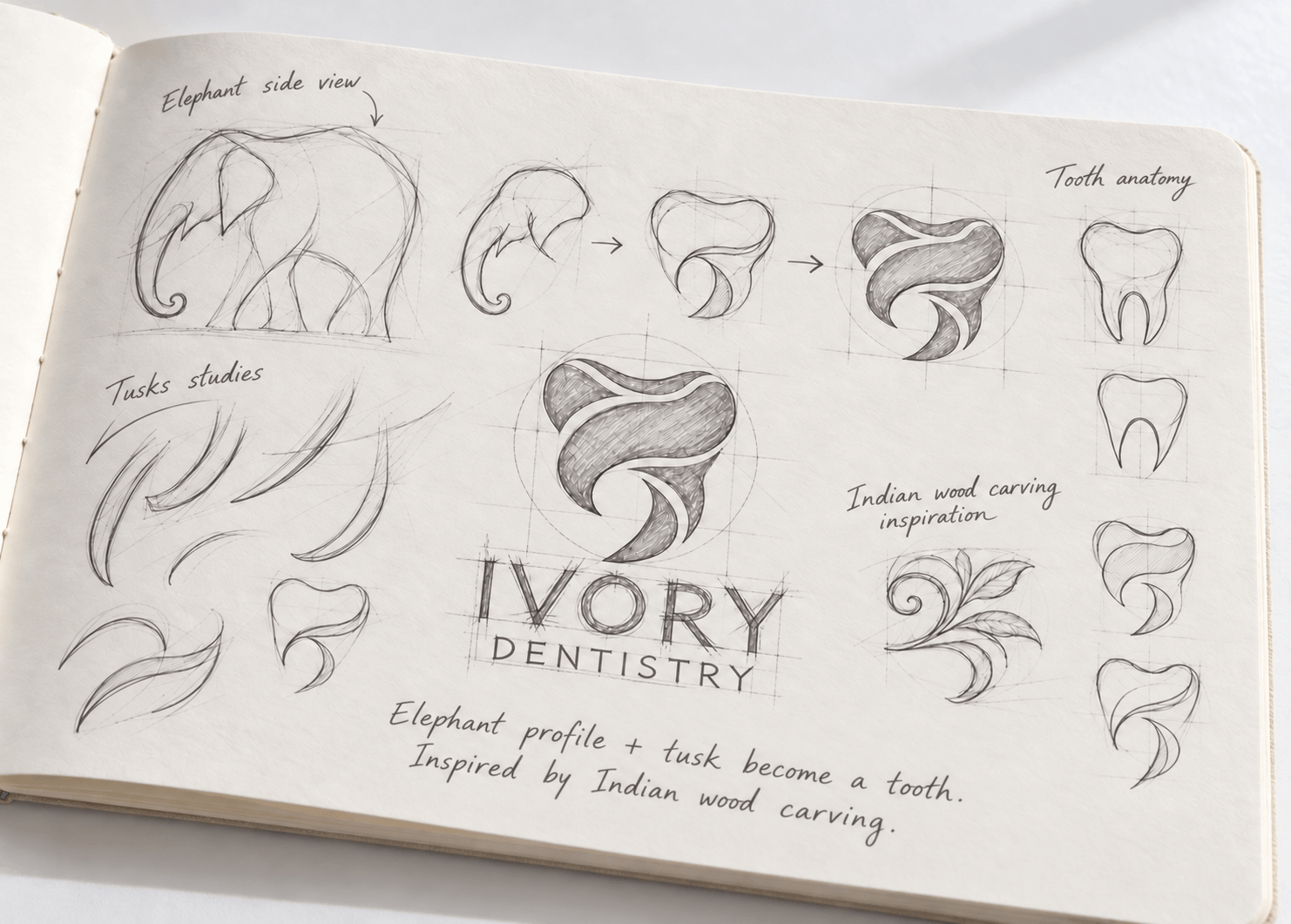 Ivory Dentistry logo sketches exploring an elephant profile, tusks, tooth shapes, and Indian wood carving