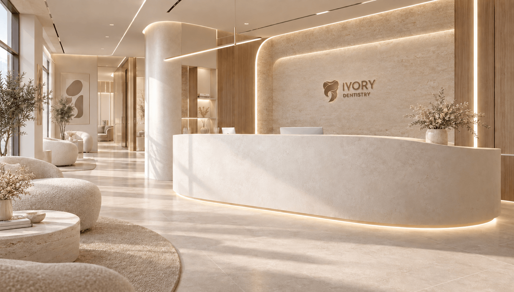 Ivory Dentistry reception with warm stone finishes and gold signage