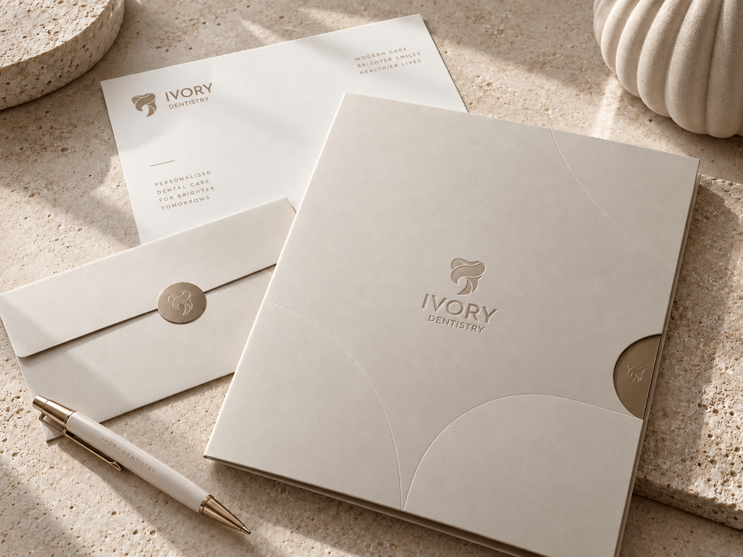 Ivory Dentistry stationery, folder, and envelope