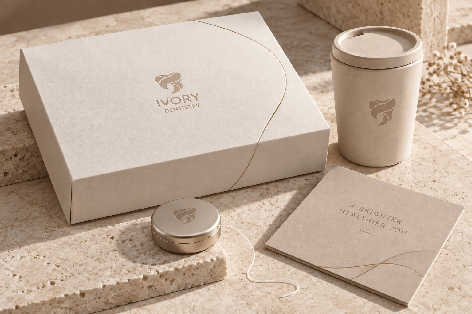 Ivory Dentistry welcome box, cup, and printed materials