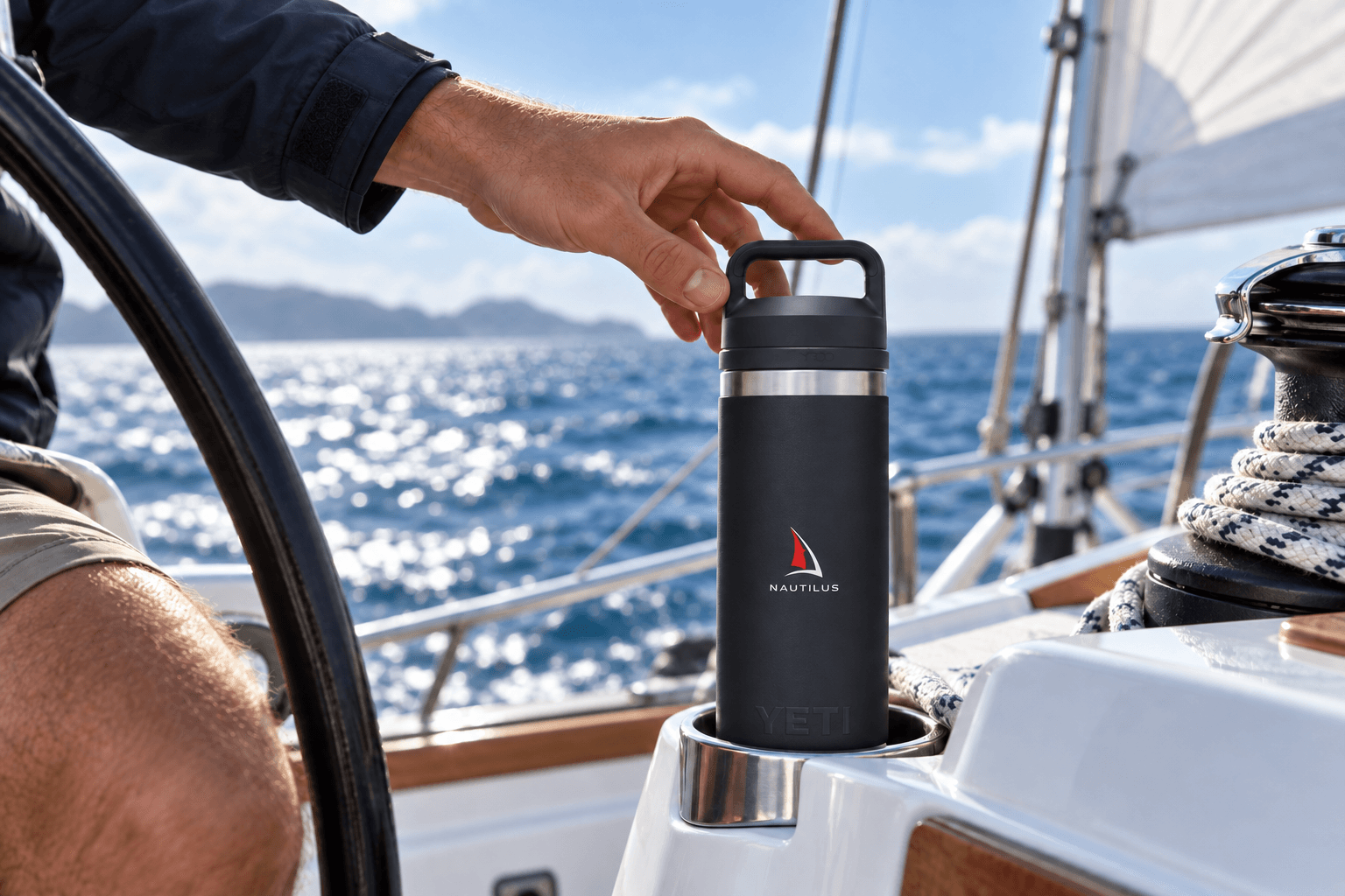 Nautilus Sailing insulated bottle aboard a sailboat at sea