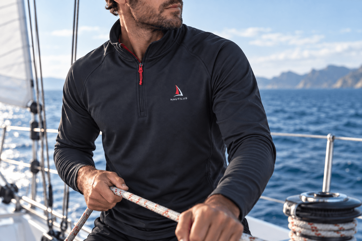 Sailor wearing a Nautilus Sailing jacket while handling a line