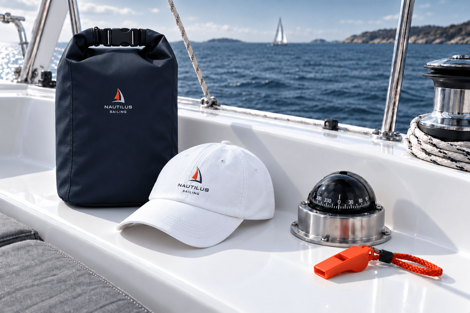 Nautilus Sailing premium navy dry bag, pristine white embroidered cap, compass, and whistle