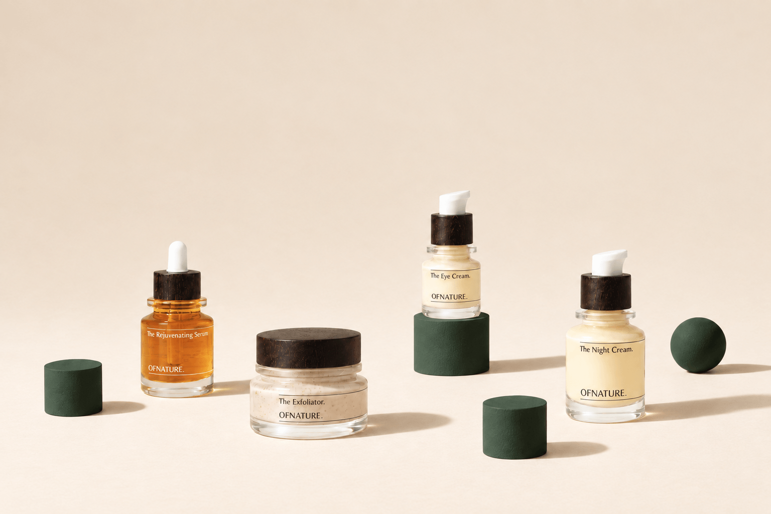 OF NATURE skincare collection with forest-green display blocks