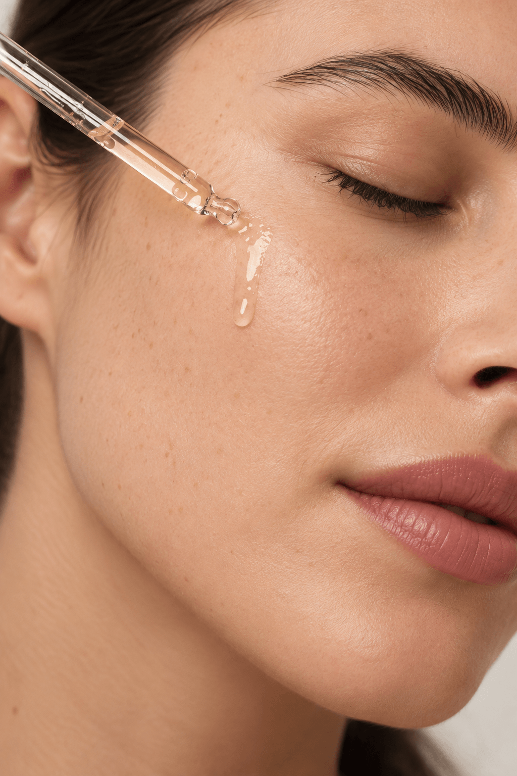 Serum being applied to a cheek with a glass dropper