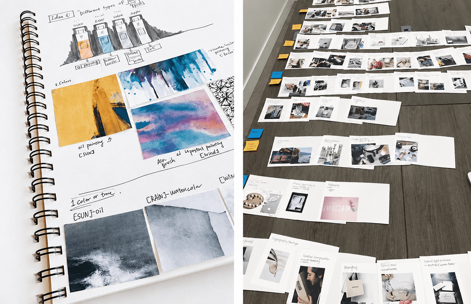 VOIR painting explorations, sketches, and brand inspiration boards