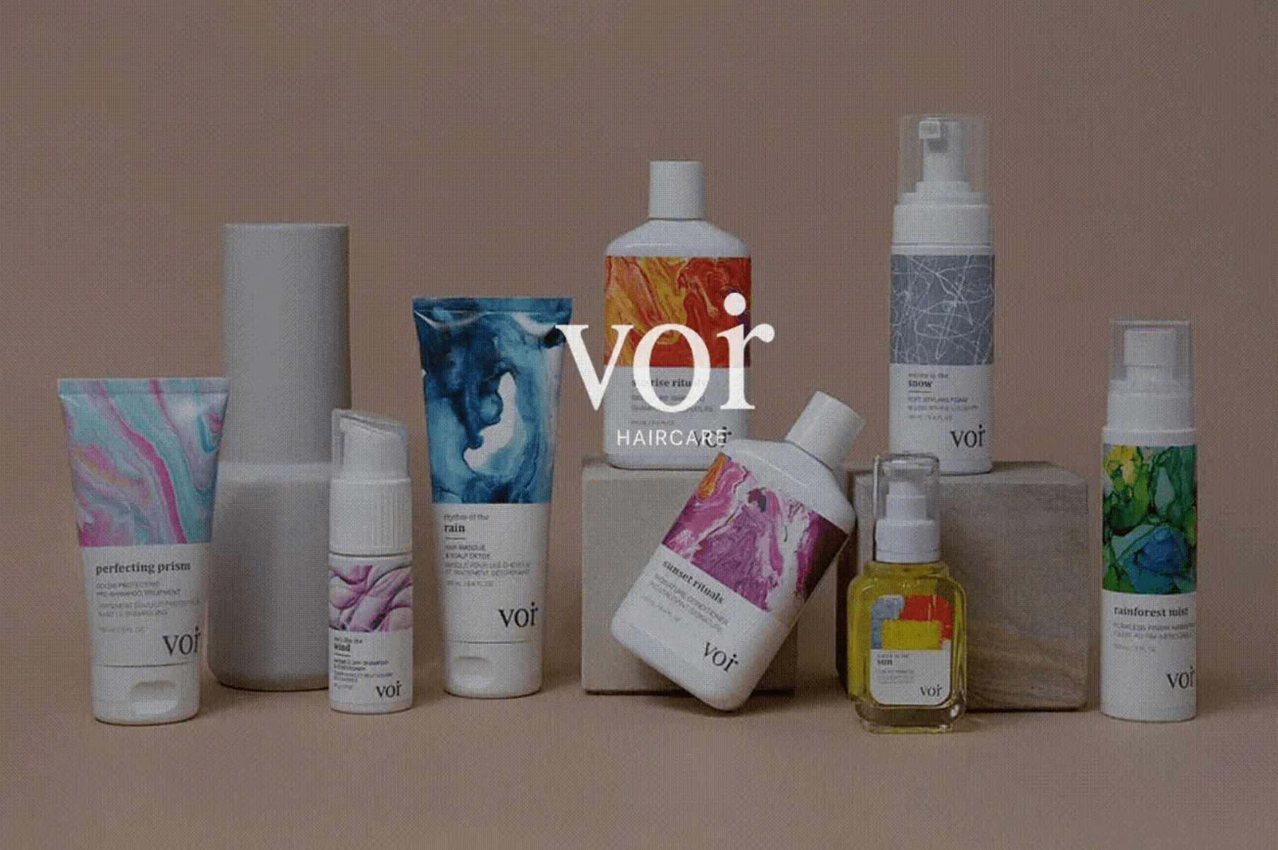 VOIR Haircare collection with colourful hand-painted product labels